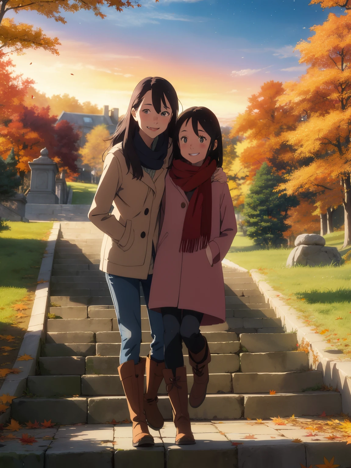 masterpiece， top quality，  high image quality，(  super flat  ,  flat shading )，  fisheye lens，Beautiful young mother and adorable daughter，  warm scarf ，(naked)，  long hair，  boots, smile, smile，White Breath，fun, play，Stone steps in an autumn park， fall leaves for vaginal discharge，Autumn sky，dusk，  Beautiful Sunsets  ，  bright color，watercolor,  Ghibli style，Strong winds，