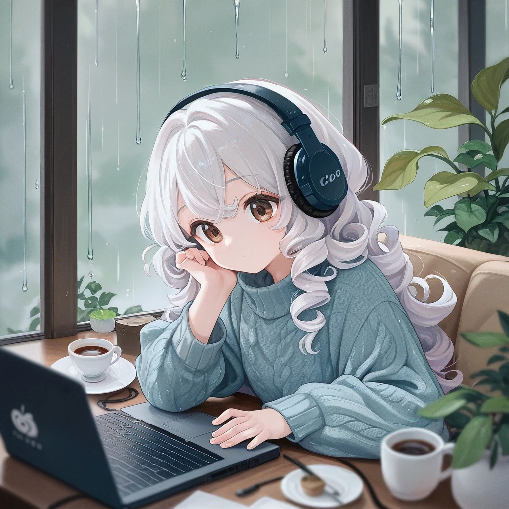 The most beautiful girl ever、 chibi, Cafe、 headphones、rain、white hair, Long Hair, High Resolution, High Resolution, High Details, brown eyes, curly hair, coffee, oversized sweater, laptop, 