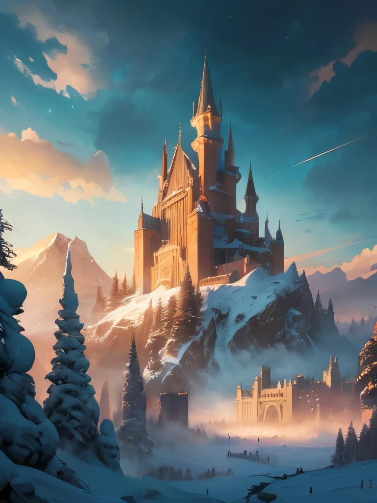 a castle in the middle of a snowy mountain with a sky background, a detailed matte painting by Raphael Lacoste, Artstation contest winner, fantasy art, epic rivendell fantasy, epic castle with tall spires, high fantasy castle, highly detailed fantasy art, rivendell, fantasy highly detailed, mountain fortress city, elven palace of ghemathar, detailed fantasy art