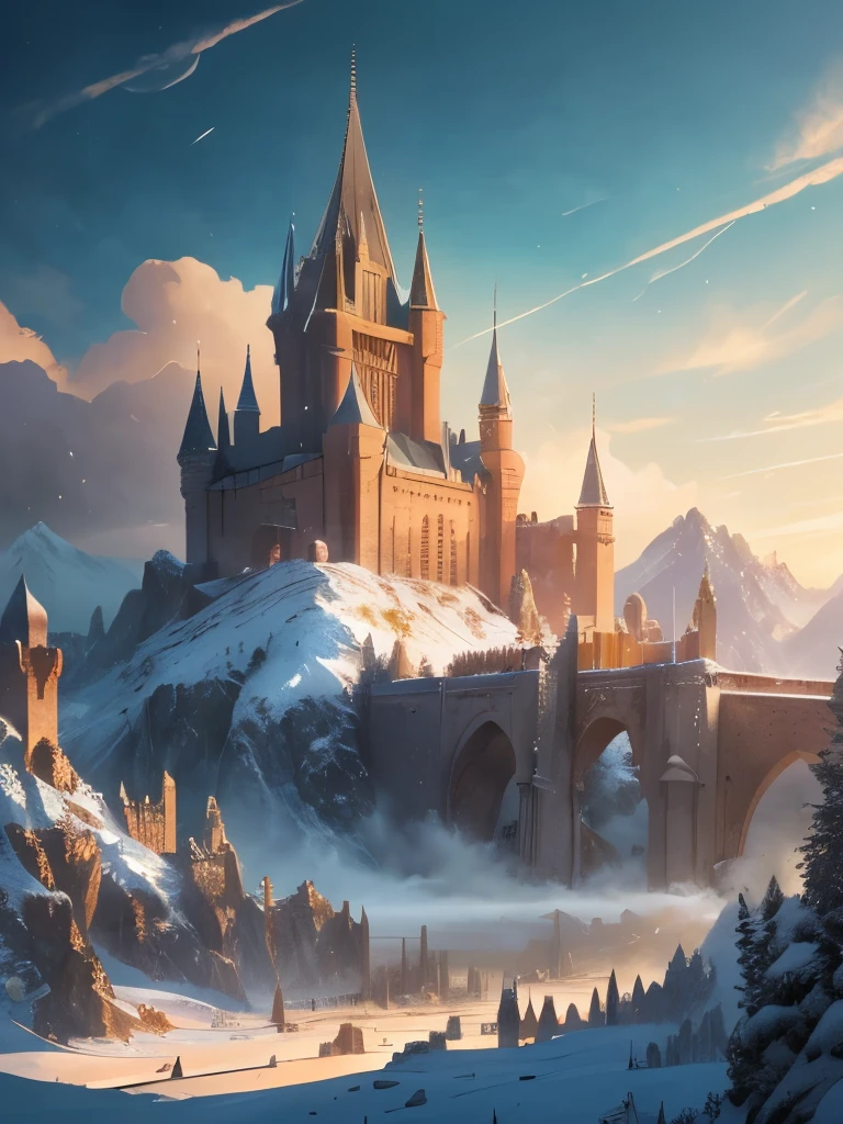 a castle in the middle of a snowy mountain with a sky background, a detailed matte painting by Raphael Lacoste, Artstation contest winner, fantasy art, epic rivendell fantasy, epic castle with tall spires, high fantasy castle, highly detailed fantasy art, rivendell, fantasy highly detailed, mountain fortress city, elven palace of ghemathar, detailed fantasy art