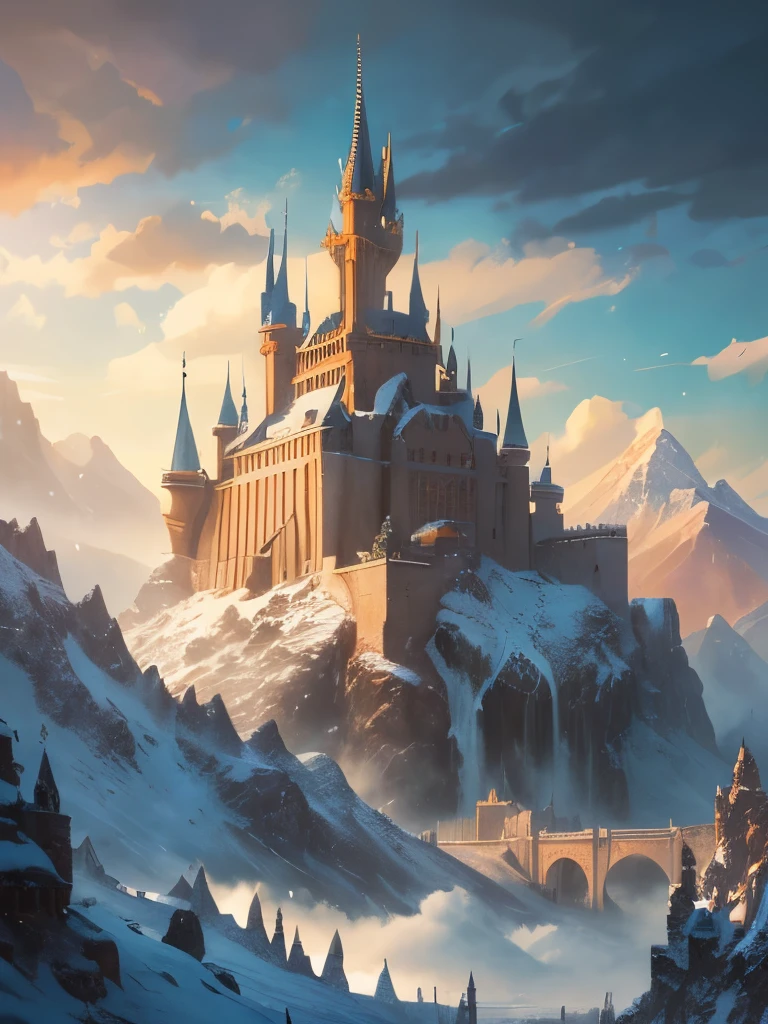 a castle in the middle of a snowy mountain with a sky background, a detailed matte painting by Raphael Lacoste, Artstation contest winner, fantasy art, epic rivendell fantasy, epic castle with tall spires, high fantasy castle, highly detailed fantasy art, rivendell, fantasy highly detailed, mountain fortress city, elven palace of ghemathar, detailed fantasy art