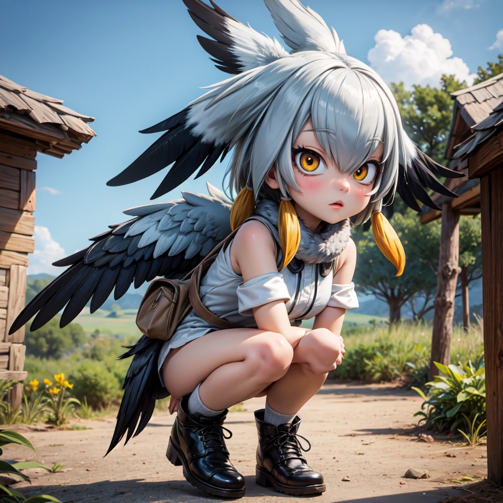 ultra-detailed, masterpiece, masterwork, high quality, best quality, hdr, (nature, japanese style), nsfw, male, solo, avian, chibi, ((nude)), (white little body crow), (long silver hair, beak, detailed yellow eyes, cooleyes), horn, dragon ears, penis focus, squatting, dynamic angle, (micropenis, foreskin, perfect balls), Hands and wings in one piece,