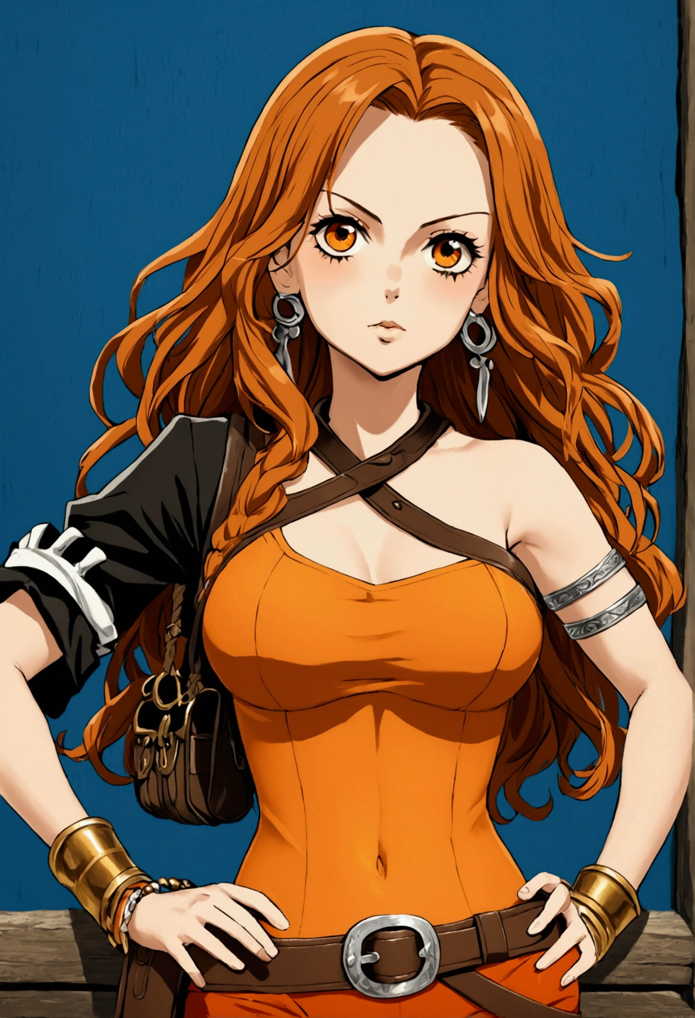 (wilykit), (extremely detailed CG unit 8k wallpaper),(master part), (best quality), (ultra detail), (best illustration),(One Piece Style), cowboy shot, (Sharp eyeliner, ombre, detailed eyes:1), pirates of the caribbean background, break , upper body,orange leotard, orange leggings, orange bracer brown hair, black stripe hair, blue tank top, multicolored skirt, one shoulder out, eye of thundera, utility belt, silver armlet