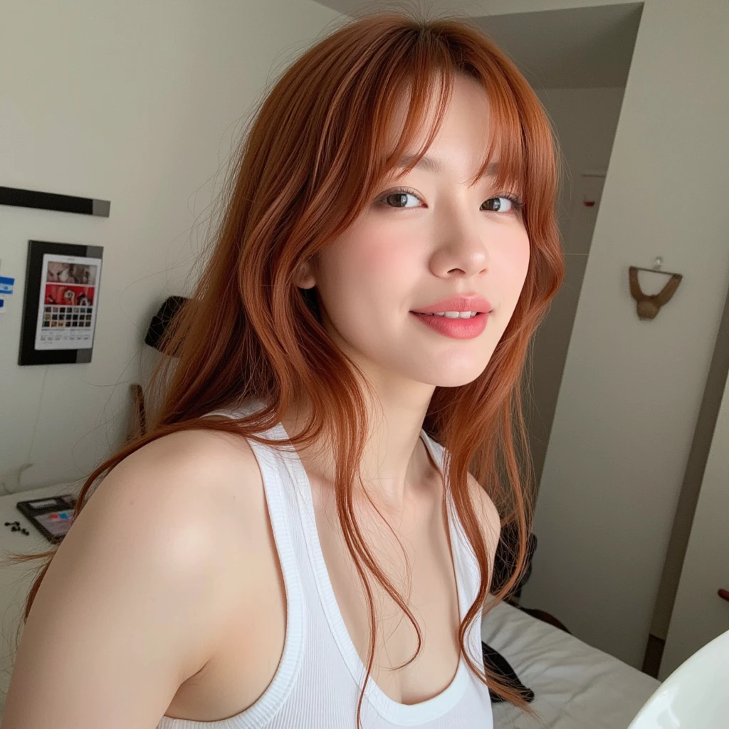  amateur shot , .  Instagram selfie perspective  ,   no makeup in the coal mine,  smiling slightly and opening her mouth slightly , She has long red hair with bangs,   wearing a white ocean crop top ,Natural Face ,  blue-white skin, 