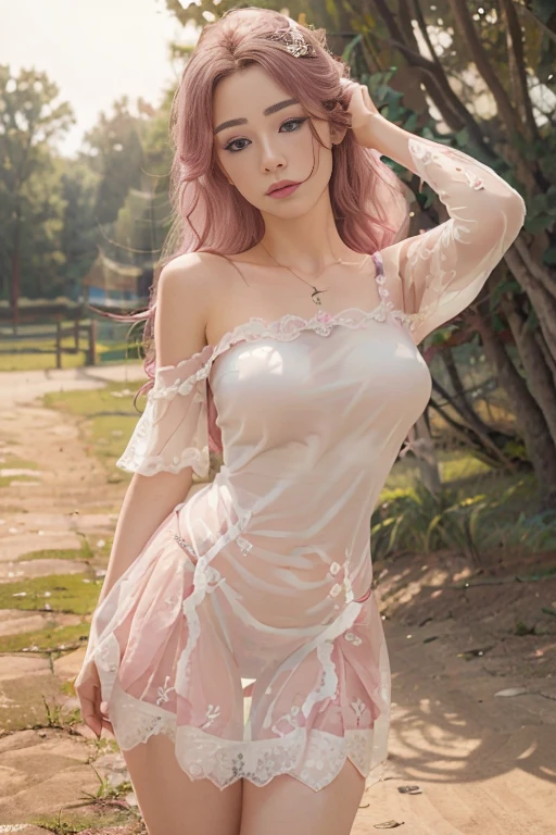 Masterpiece, Best picture quality, Shockingly realistic (Realism 1.4), (((A breathtakingly beautiful girl))), The figure is amazing, A little fatter, Pink Hair, Exquisite facial features, Charming shoulders, Ancient costume long skirt, Vivid Angle, Depict her lying gently in the puddle, Surrounded by koi, Flowers, petal, Fluffy nine-tailed fox, extreme detailed details, Immerse yourself in it.