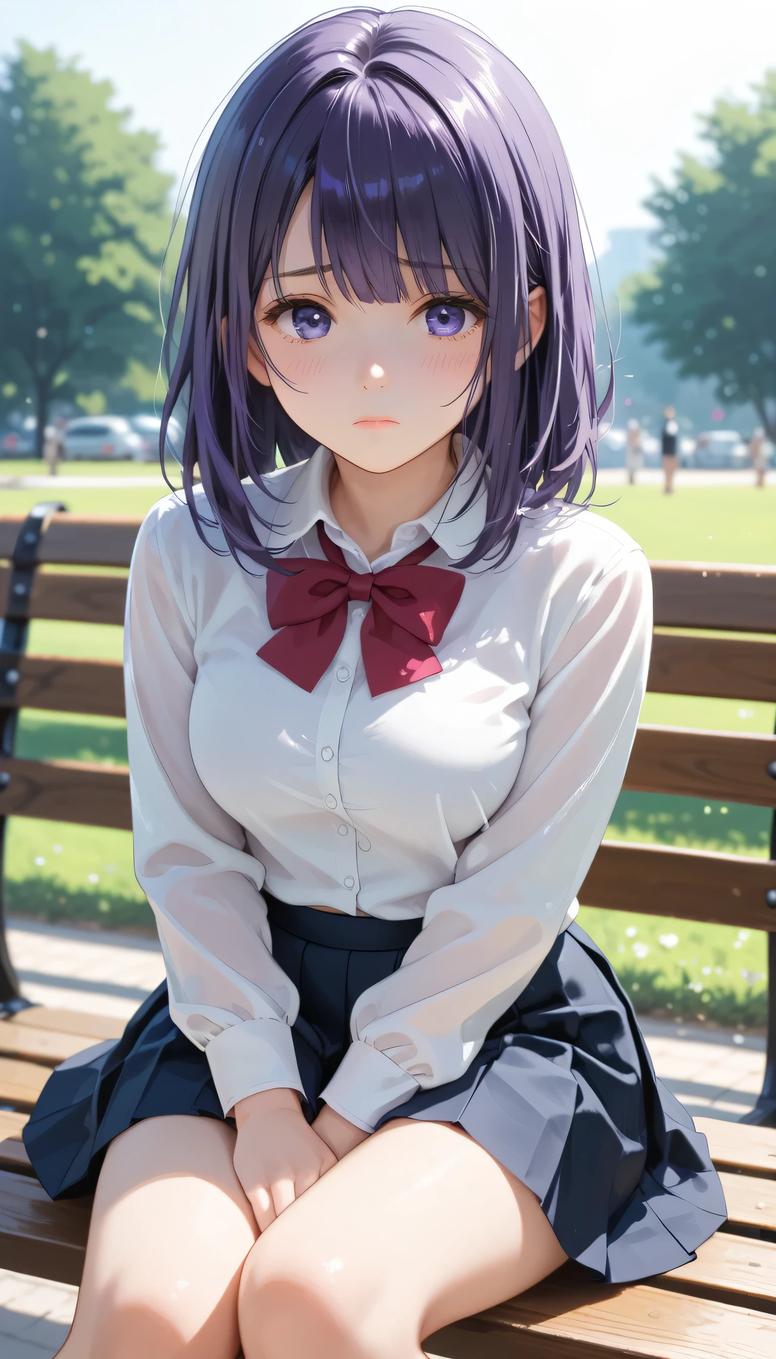 Purple Hair　Worried brow　 purple eyes　sad blush 　A cute  is sitting on a park bench　 white shirt　 pleated skirt 　Hands between legs　 beautiful sunlight closing her legs :1.5 glitter 