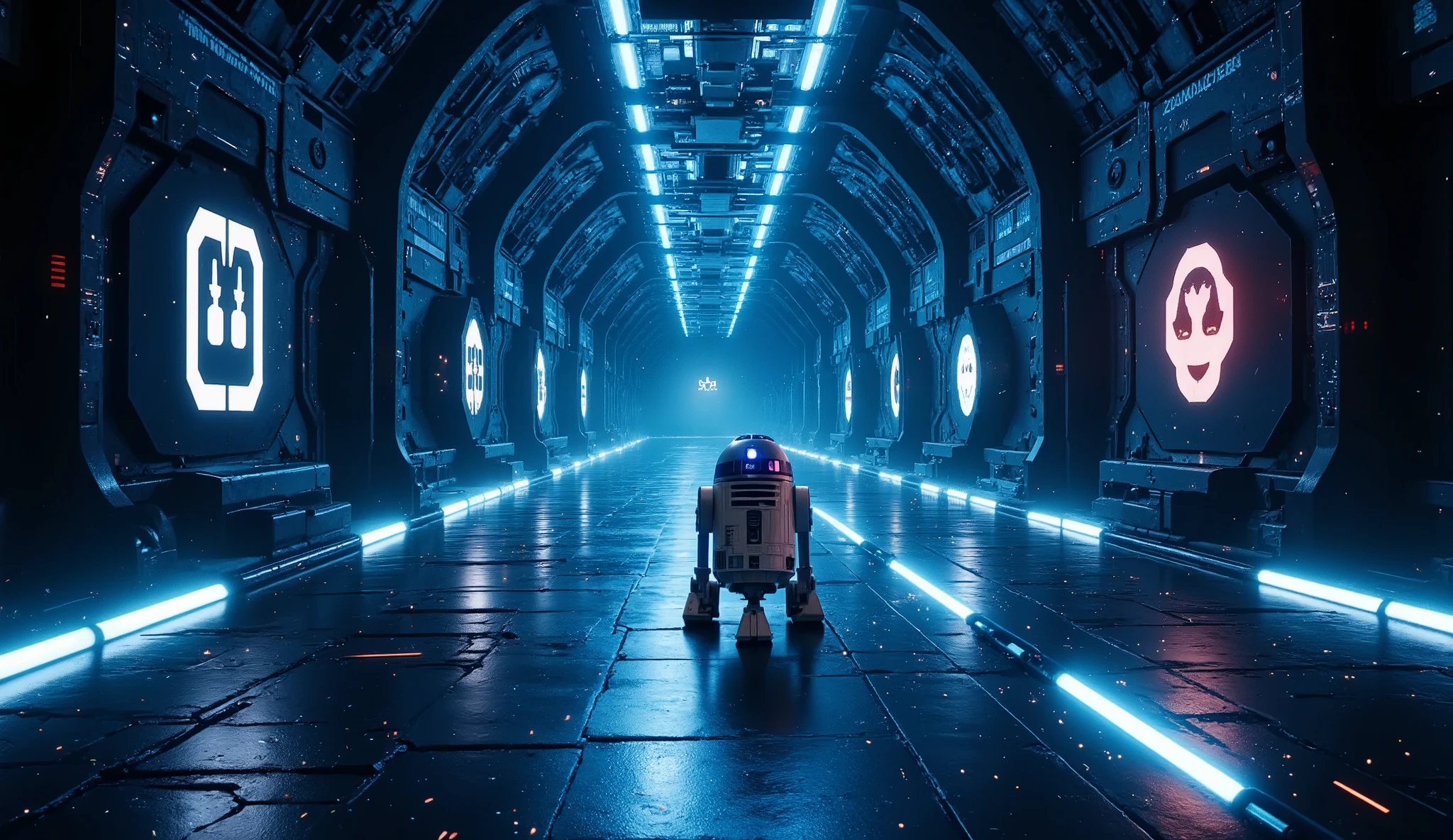A mysterious corridor in the Star Wars , featuring R2-D2 moving away , universe with futuristic lighting and intricate details on the walls, showing a science-fiction atmosphere , Cinematic Lighting, high resolution , Dynamic Angles , arte digital,(3D hologram ),(future),("" hologram logo ), Masterpiece, Best Quality ,ultra detailed,8K Portrait, unity wallpaper 8k ,super fine illustration , Very detailed background , highly detailed background