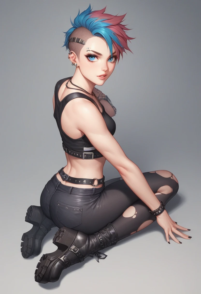 belly button piercing, full body shot, (very detailed background:1.0), (highly detailed background:1.0), (Masterpiece), High Quality, 1girl, woman, tattoo, irezumi, depth of field, dynamic lighting, high quality shadows, black crop-top, reze, purple hair, black shorts, ear piercings, sity, black fishnet tights, black high top sneakers, perfect face, green eyes, black choker
