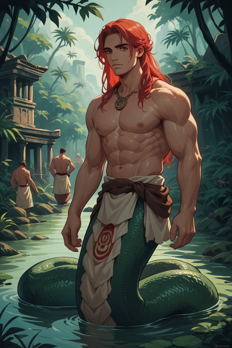 Lamia for men, swamp,  ancient Greece,  long red hair, muscular