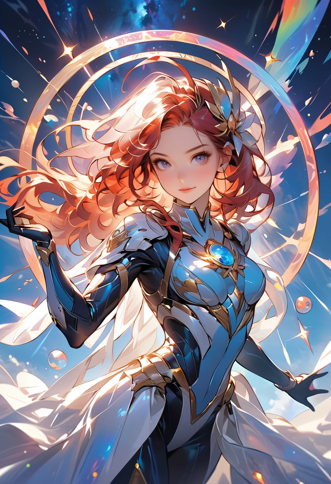 space war, 8K resolution, masterpiece, Highest quality, Award-winning works, unrealistic, Only sexy women, healthy shaped body, Age 25, White wavy long hair, hair band, huge firm bouncing busts, Space Commander&#39;s Armor, Complex Armor, royal coat of arms, elegant, Very detailed, Digital Painting, artステーション, コンセプトart, Smooth, Sharp focus, shape, artジャム、Greg Rutkowski、Alphonse Mucha、William Adolphe Bouguereau、art：Stephanie Law , Magnificent cosmic background, Royal Jewel, nature, Full Shot, Symmetric, Greg Rutkowski, Charlie Bowwater, beep, Unreal 5, Surreal, Dynamic Lighting, ファンタジーart, Complex colors, Colorful magic circle, flash,  dynamic sexy pose,  A robot suit with a complex structure, Complex colorsのロボットスーツ, Tight robot suit, space war, Movie battle scenes,