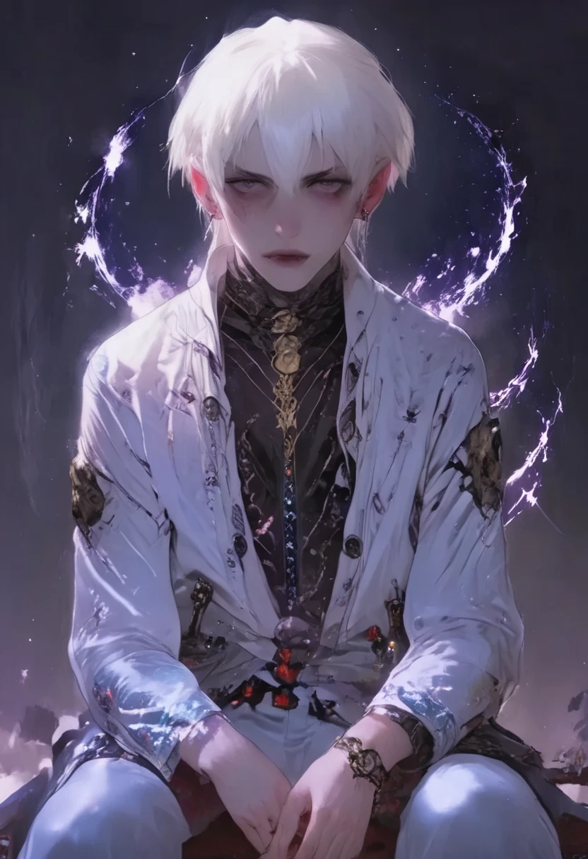 1boy, white hair, look at me, sitting, fuck you, raise middle finger, dark fantasy, fantasy theme