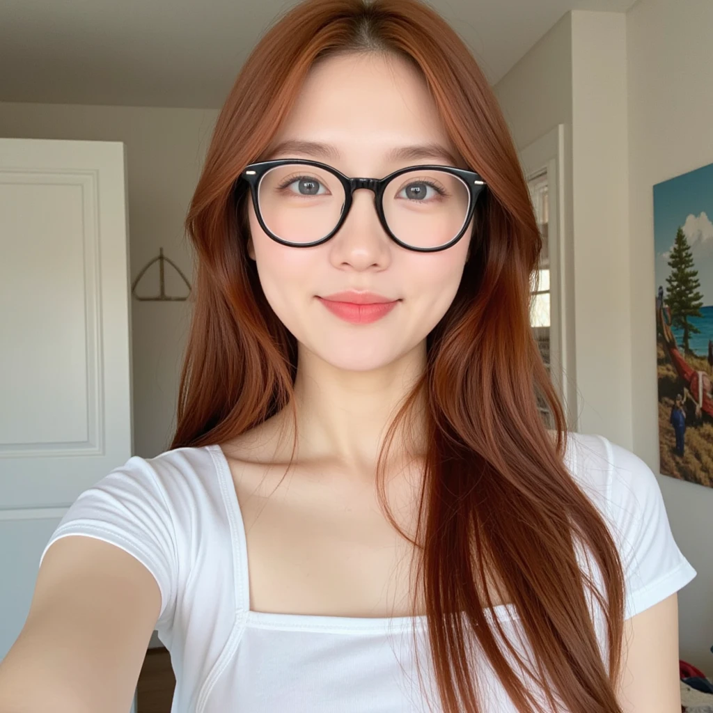  Amateur on Creative Text ,  "Lumiaiko ".  First-Person Perspective ,  Taking Selfies on Instagram ,  asian woman, ,  Gentle Smile with Slightly Open Mouth , long reddish brown hair,Simple and cool glasses,  White Cropped Top 、 Nautical Style ,Natural Face ,  blue-white skin, 