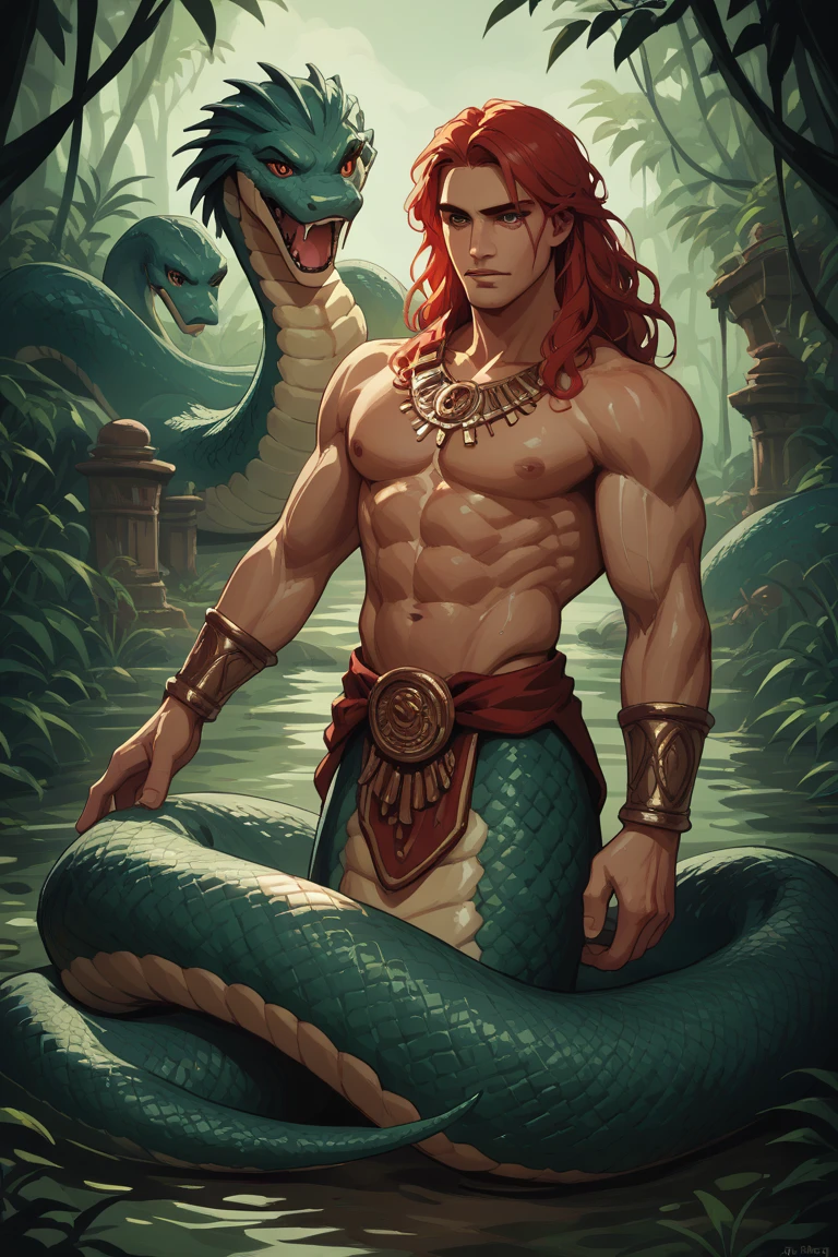 Lamia for men, swamp,  ancient Greece,  long red hair, muscular,  serpent's eyes, Snake teeth