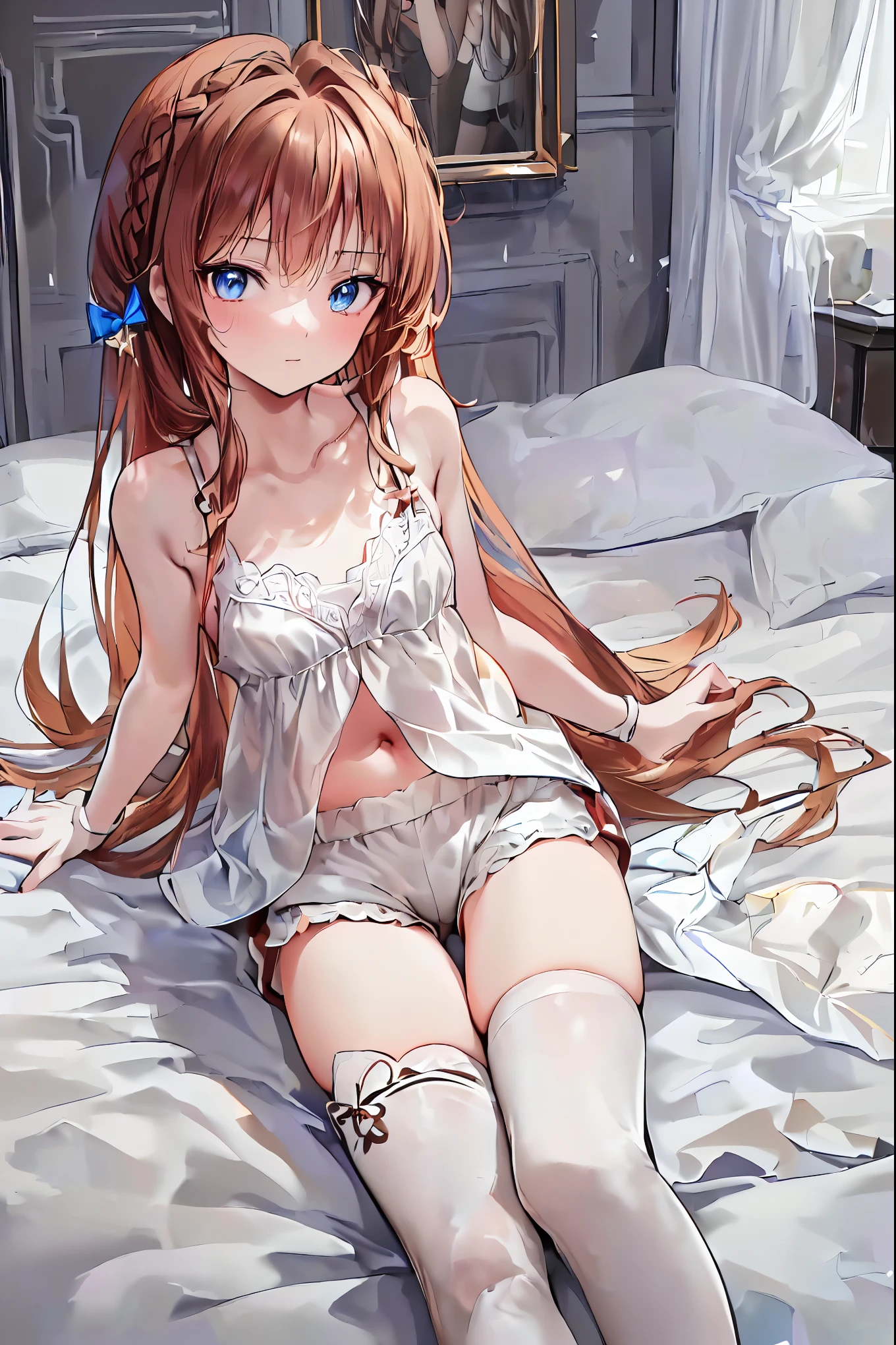    absurd,(masterpiece、  top quality、8k ),     Intricate Details  ,   crimson hair very detailed 、1 cute girl、((movie:1.4)),   Embarrassing   、(   flat chested、bulge:2.2( Brown Hair、(    white camisole ,   White Shorts  、   White Knee High Socks :1.3),   on the bed、  Surrender,  Perfect Anatomy，Brown Hair，   shortcuts ，   tousled hair，  short braided hair，Neat，  Slender and Beautiful，Correct posture，  small breasts，   beautiful legs，  Their Enchanting Grayish Blue Eyes Shined Like Stars，Droopy eyes，   bright color,     beautiful eyes  ,A delicate smile,textured skin,  The best of the best quality ,   A parody of a gentle and beautiful woman filmed from top to bottom with a sense of serenity ,   anime style  ､