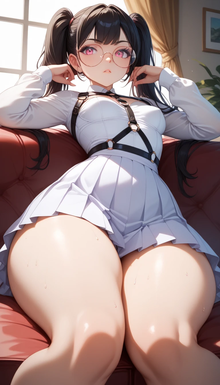 ExpressiveH, perfect face, sexy, cute, beautiful, perfect eyes, detailed eyes, sexy lips, long black hair, twintails, lying on the sofa, looking at viewer, showing ass, score_9, score_8_up, score_7_up, source_anime, haughty, low angle view, 80swa, shiny skin, pink eyes, round prescription glasses, oily, sweaty, cute college egirl, small breasts, sensual waist), wide hips, muscled thighs, thick thighs, Expression angry making a cute pout, white skin, black claws, huge ass, perfect round ass, big ass, long sleeve blouse, pleated school skirt, tight pink Full Body Harness, tight