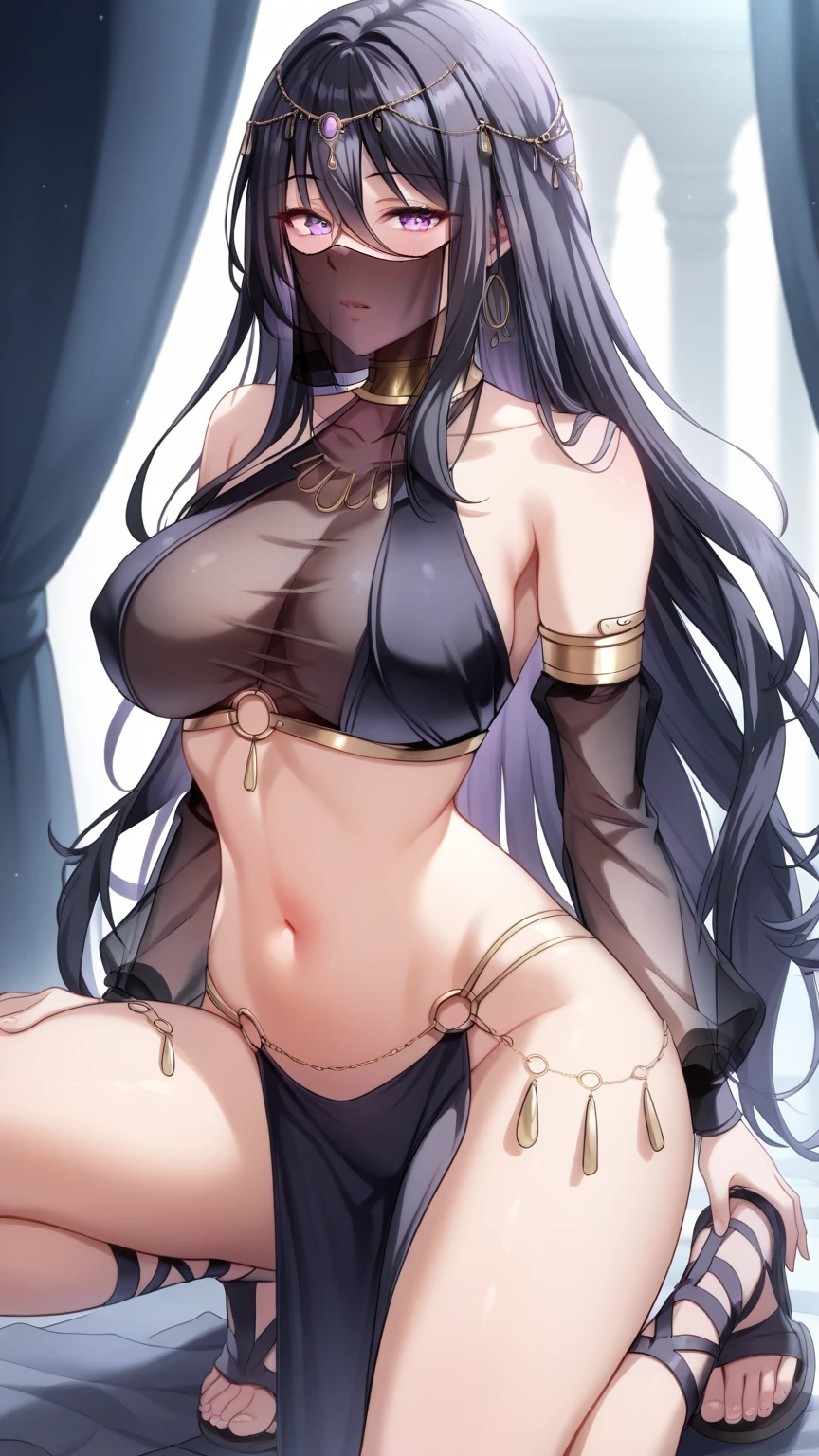 long hair, black hair, purple eyes, hair between eyes
veil, mouth veil, circlet, arabian clothes, gold choker, turtleneck, covered collarbone, bare shoulders, black crop top, detached sleeves, see-through sleeves, midriff, navel, o-ring, waist cape, pelvic curtain
gladiator sandals