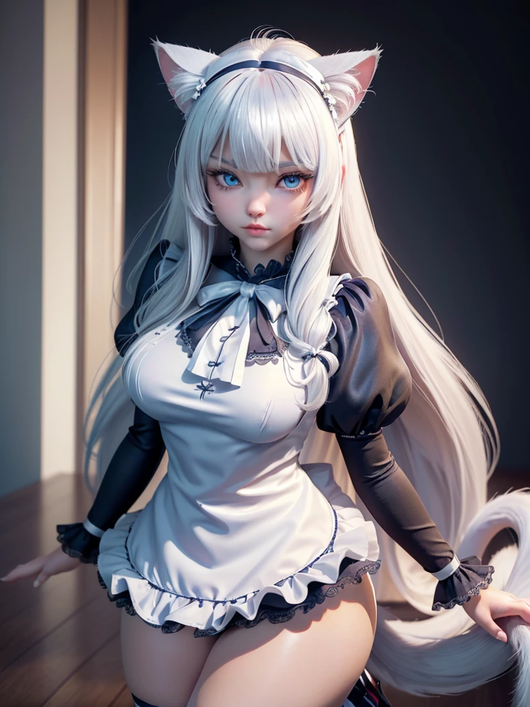 a sexy woman with large breasts, wolf ears, white hair, blue eyes, fluffy tail, wearing a white dress with a black bow ribbon, beautiful detailed eyes, beautiful detailed lips, extremely detailed eyes and face, long eyelashes, photorealistic, 8k, highres, masterpiece, ultra-detailed, realistic, vivid colors, dramatic lighting, fantasy, digital art, concept art, cinematic lighting