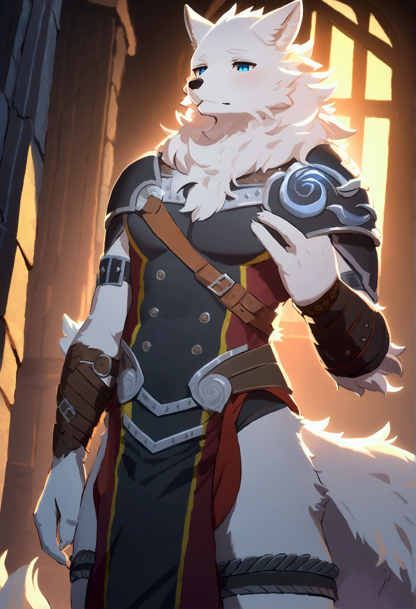 double,hairy man,hairy chest,coyote,Straightforward,gray fur,long white hair,The ends of the hair are purple.,purple eyes,Bullied,cute,handsome,big tail,full body,samurai,wear armor,protracted action,on the battlefield,