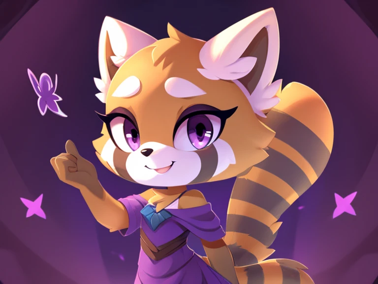 Cute raccoon fur, purple color, hairstyle, short hair, jointed body, large tail, small ears, clothes, purple eyes, smile, art of speech, best quality, high taste 