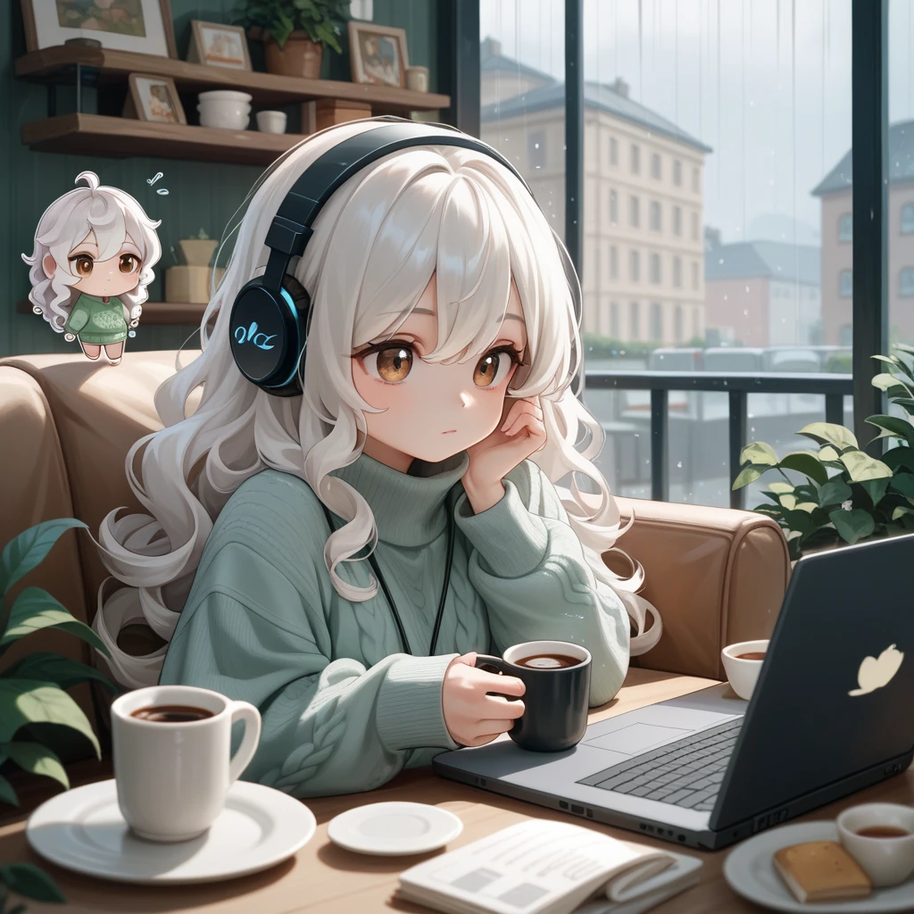 The most beautiful girl ever、 chibi, Cafe、 headphones、rain、white hair, Long Hair, High Resolution, High Resolution, High Details, brown eyes, curly hair, coffee, oversized sweater, laptop, 