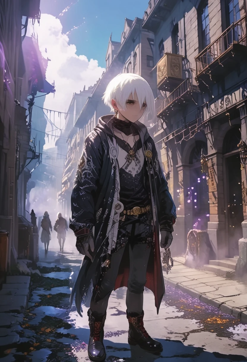 1boy, white hair, look at me,  dark fantasy, fantasy theme, walking in steam punk city, smoky building there, sunny , magical city, misty, ancient structur object around, ultra detailed animation, kawaii anime style, hoodie, bagy, bags under eyes,