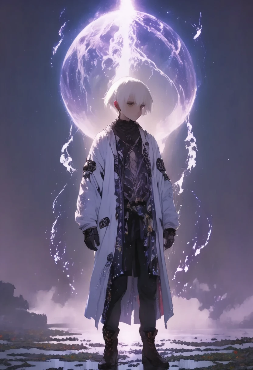 1boy, white hair, look at me, dark fantasy, fantasy theme, walking in steam punk city, smoky building there, sunny , magical city, misty, ancient structur object around, ultra detailed animation, kawaii anime style, hoodie, 