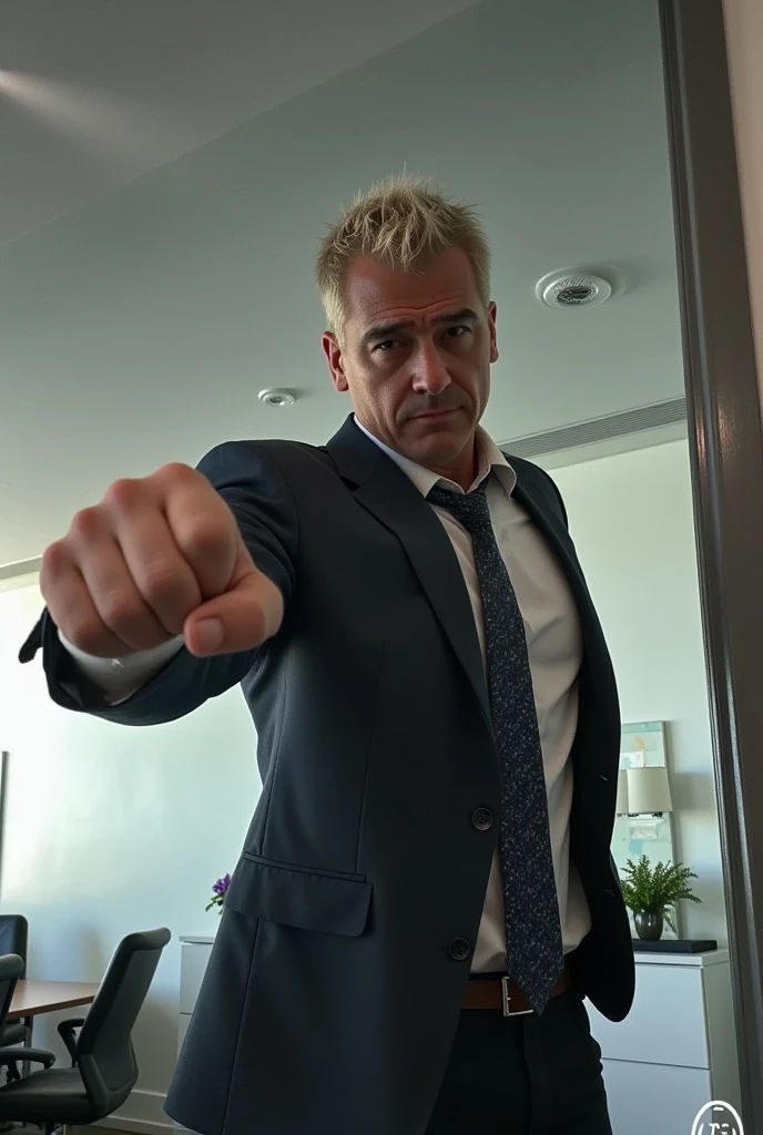 rico in an action pose as an assassin disguised as a businessman