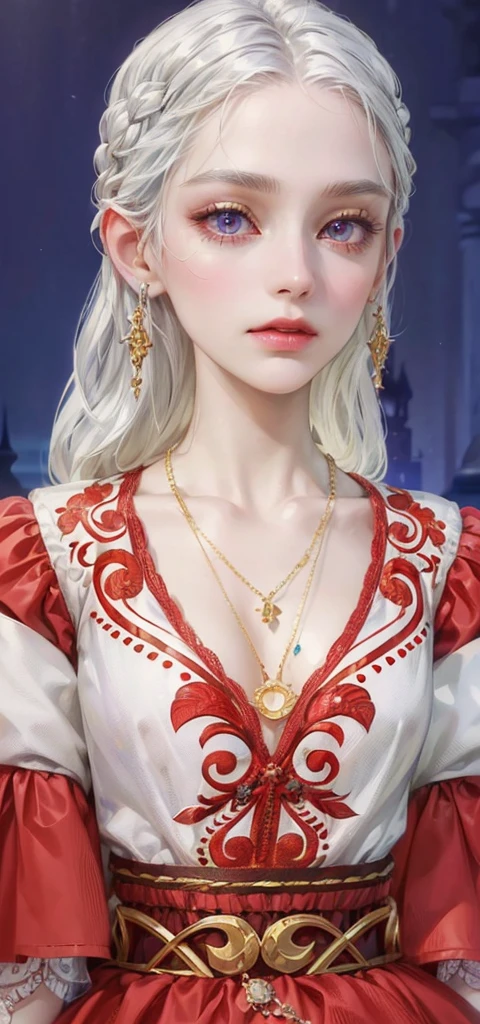 (masterpiece, top quality, best quality, official art, enchanting and aesthetic:1.2), 1female, light hair, purple eyes, black jacket, red tube top, jewelry, tired, expressionless, park background, standing, detailed background, night background  