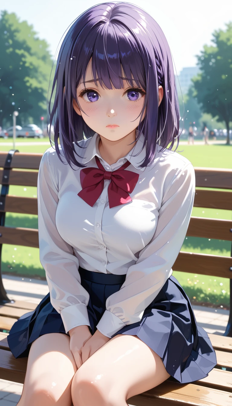 Purple Hair　 worried expression　   purple eyes　sad blush  　 cute cat sitting on a park bench、I'm closing my legs 　  white shirt　  pleated skirt  　 hands are between legs 　 Beautiful Nikko :1.5 glitter  