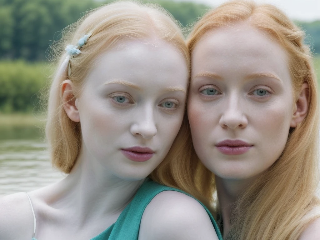 A .o. tashy girl, ginger girl, very pale skin , very bulging eyes, very thin girl, backlighting,(pink hairpins in her hair) and two pigtails, one on each side of the head,nose ring piercing, sun, backlighting, very pale skin full of freckles, very bulging eyes, ginger hair, very very very thin legs and very very very thin arms, swimming gracefully at abandoned city ruins in the background, sun, serene and mysterious atmosphere, 8k, vibrant colors, cinematic lighting, photorealistic, concept art style