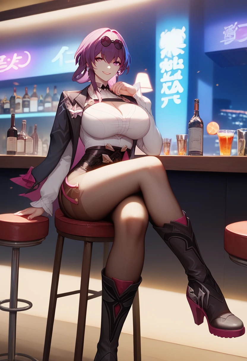 {{Masterpiece, Best Quality, High Solution, Depth-Of-Field, Extremely Detailed CG, Wallpaper, Cinematic Lighting, Lens Flare}} Maximum Clarity And Sharpness, Multi-Layered Textures, 1girl, (thick body:0.8), adult, badass, official, purple eyes, black jacket, jacket on shoulders, shirt, pantyhose, boots, smile, sit on chair at bar, crossed legs, tokyo(city), night, Kafka from Honkai Star Rail, large breast, violet hair