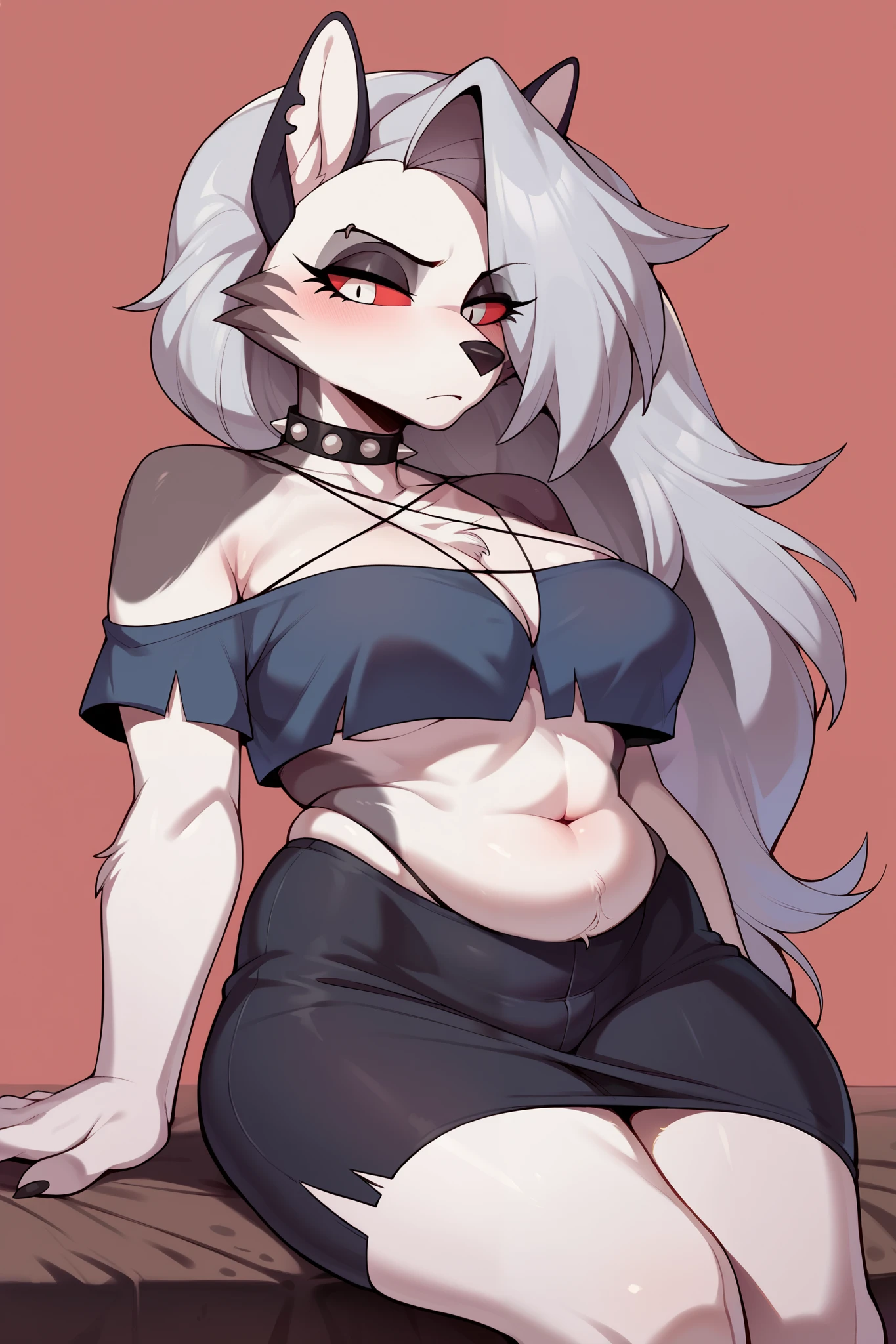 uploaded on e621, nsfw, raw photo, realistic, anthro, detailed face, detailed fur, snout, helluva boss, loona hellhound, loona, big breasts, clothed, Grey Crop Top, high res, high resolution, touching breast