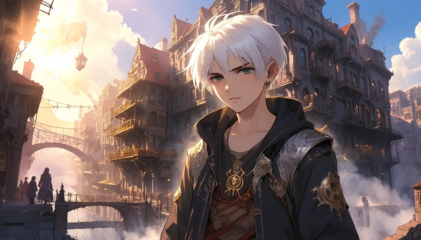 1boy, white hair, look at me,  dark fantasy, fantasy theme, flying in steam punk city, smoky building there, sunny , magical city, misty, ancient structur object around, ultra detailed animation, kawaii anime style, hoodie, 