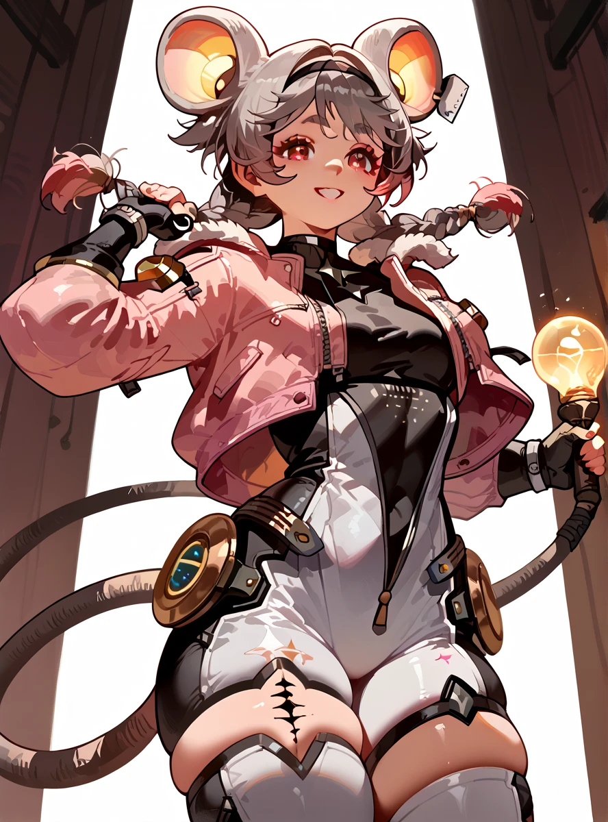  lumiwuwa, 1girl, solo, jacket, braid, gloves, twin braids, animal ears, fingerless gloves, bodysuit, tail, mouse tail, smile, mouse ears, pink jacket, grey hair smile thick thighs, holding tail on dark room