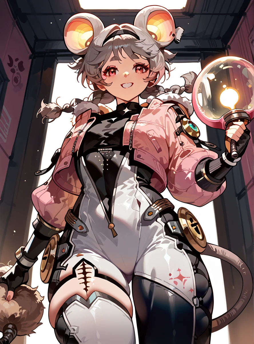 lumiwuwa, 1girl, solo, jacket, braid, gloves, twin braids, animal ears, fingerless gloves, bodysuit, tail, mouse tail, smile, mouse ears, pink jacket, grey hair smile thick thighs, holding tail on dark room