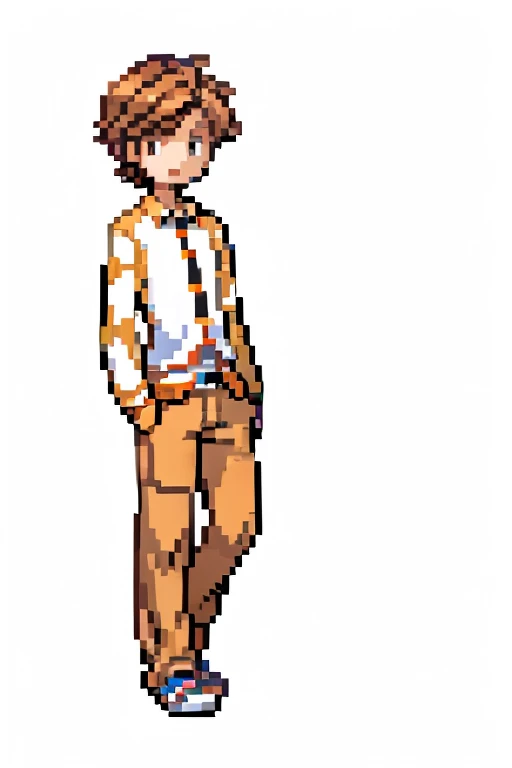  boy,  long sleeve breeze , Orange breeze .  Short brown hair,  jeans, sprite, pixelart 