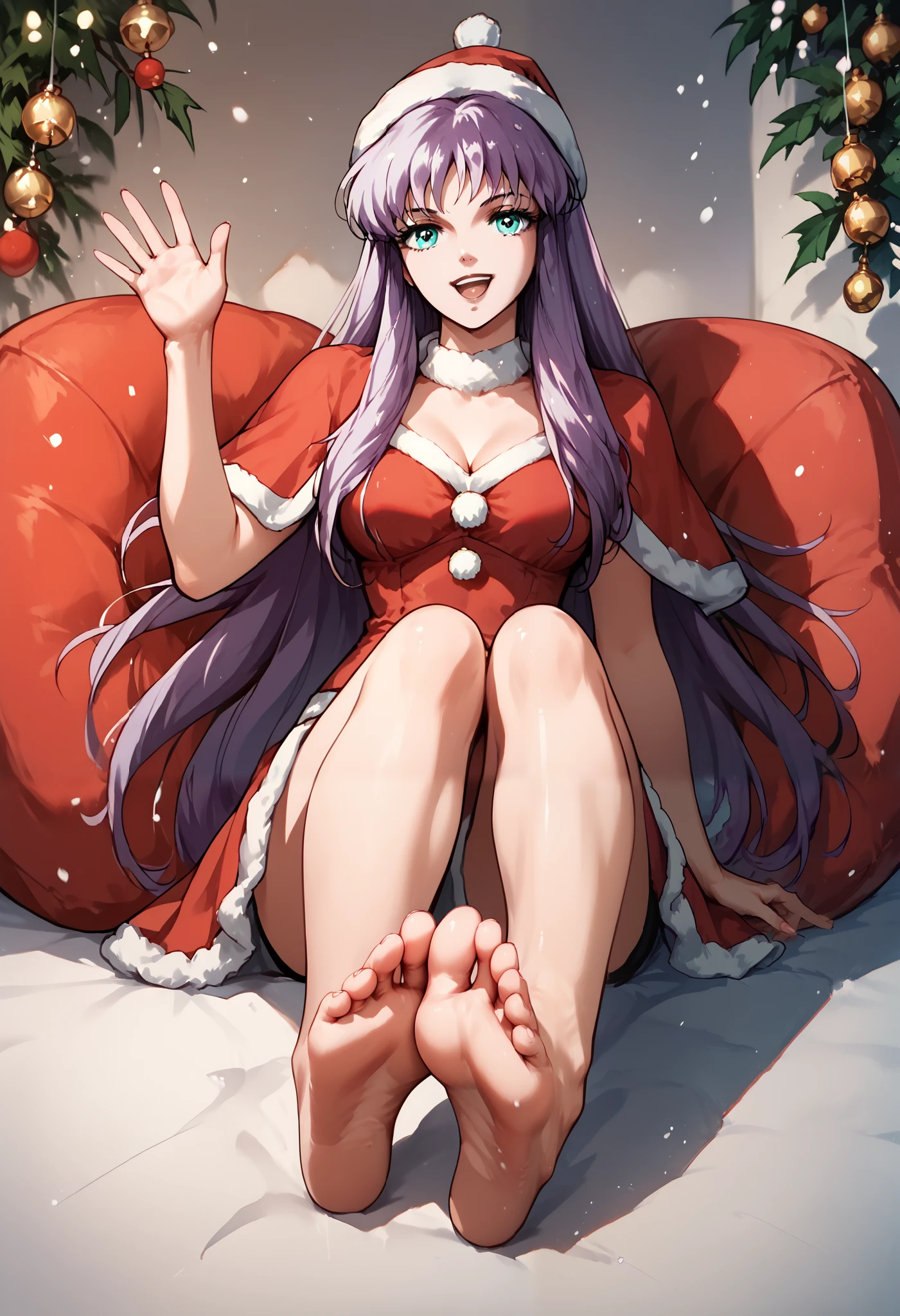 Score_9, Score_8_up, Score_7_up, Score_6_up, source_anime, 1girl, solo, athenakido, purple hair, long hair, aqua eyes, bangs, santa clothes, barefoot, foot, toes, each foot has five toes, soles, smile, waving to the viewer, open mouth