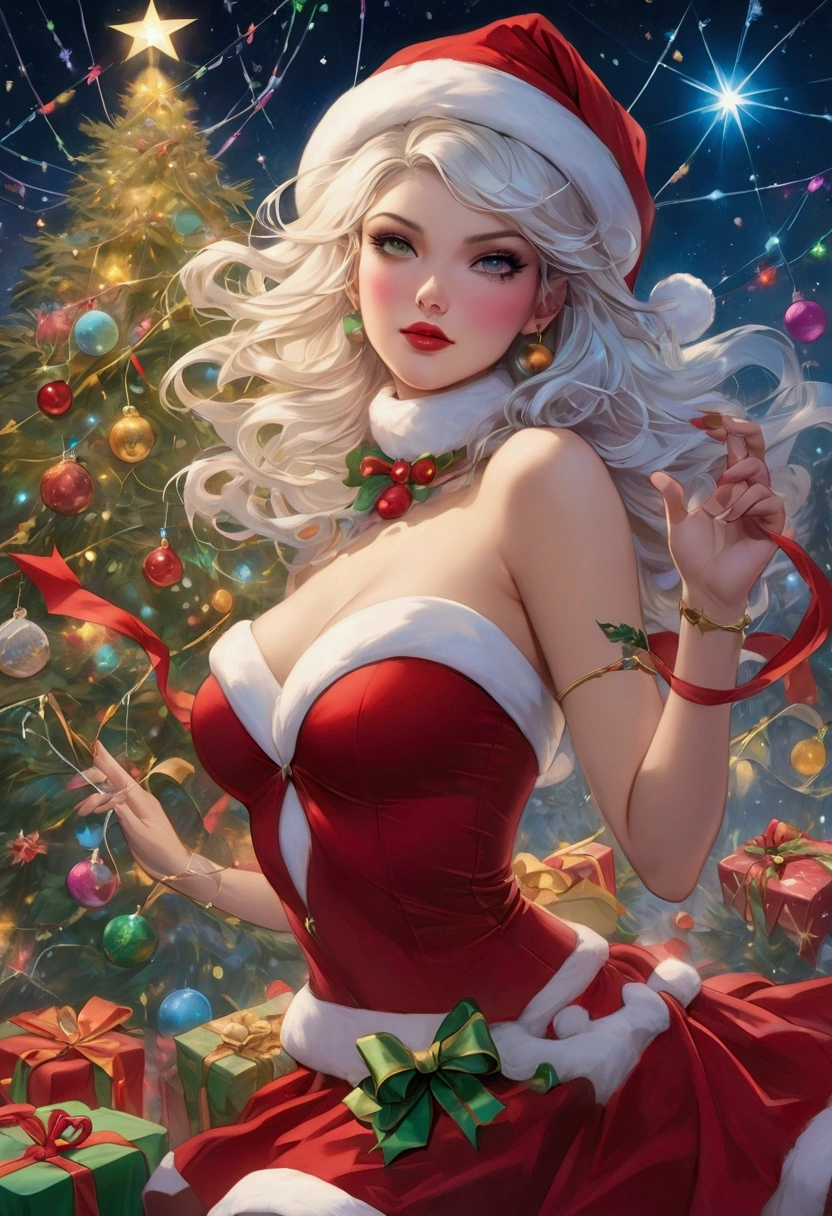 Fantasy illustration capturing a galaxya Christmas, art inspired by Artgerm, Brian M Viveros, Esao Andrews, dynamic up-close view, Miss cyber punk Santa Claus with perfect facial features in double exposure style, joyfully in stars luas throwing confetti and presents, billowing ribbons accentuating her dynamic pose, adorned in vivid Christmas attire, surrounded by bioluminescent contrails and a patchwork of Christmas lights, ornaments, and trees in sharp focus, elements