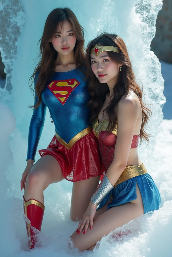 3  Chinese girls having a threesome, wonder woman outfits, leotards, bed