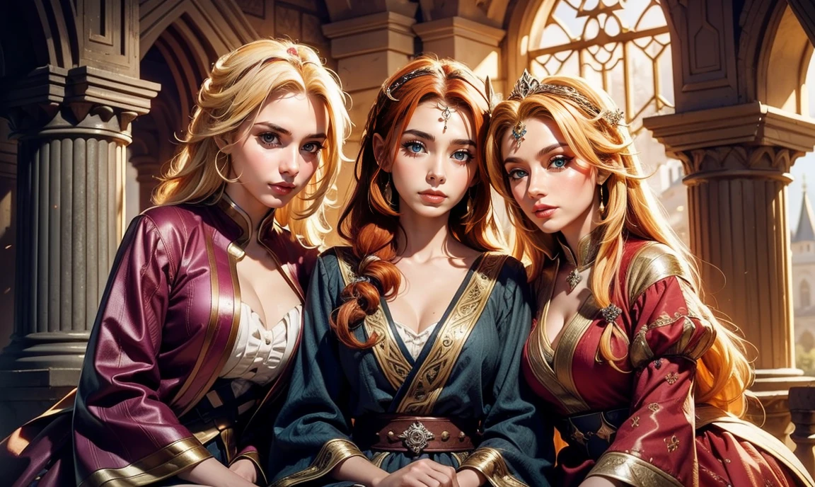 fantasy setting. close up. standing bunched in together. ((2 unique lovely princesses:1.5)), unique personalities, ((each with a unique expression on face:1.5)), (((each with a unique natural hair colored:1.5))), ((red hair)), ((blond hair)), ((black hair)), (((each with unique natural eye color:1.5))), wearing elaborate traditional flowing floral robes, ((looking straight at the camera:1.5)), pretty castle ruins background.
