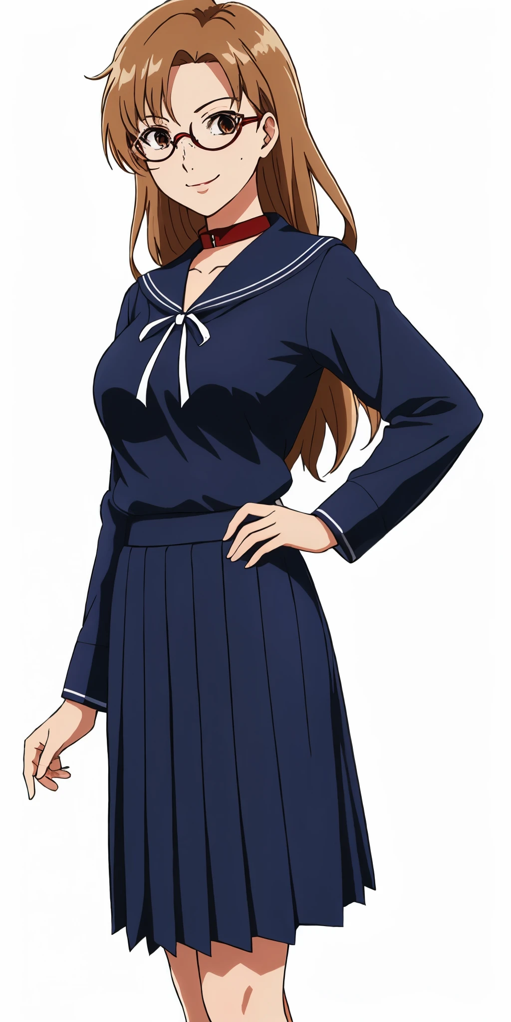 Young woman drawn in 80’s anime art style. 
Retro anime. Vintage Anime. Classical Anime. 
Black Dark Brown HAIR
Pompadour Hair
(Round Glasses)
(Round and Circle eyes)
(Light Brown eyes)
(Medium Sized Eyebrows)
(Freckles on Cheek)
(Light Tan Woman)
(Medium Breast)
Seductive Smile

She is wearing a sailor fuku (セーラー服, sērā fuku, sailor outfit) is a common japanese style of uniform worn by women, traditionally by high school female students. 

The uniform generally consists of a blouse attached with a (Navy blue sailor-style collar) and a Dark Navy Blue Sailor Blouse. The length of the long skirt goes down past her ankle.

A ribbon is tied in the front and laced through a loop attached to the sailor blouse. The color is the ribbon is red.

(Dark Navy Blue Sailor Shirt)
(Dark Navy Pleated Skirt)

(Solo)
Location: High School 