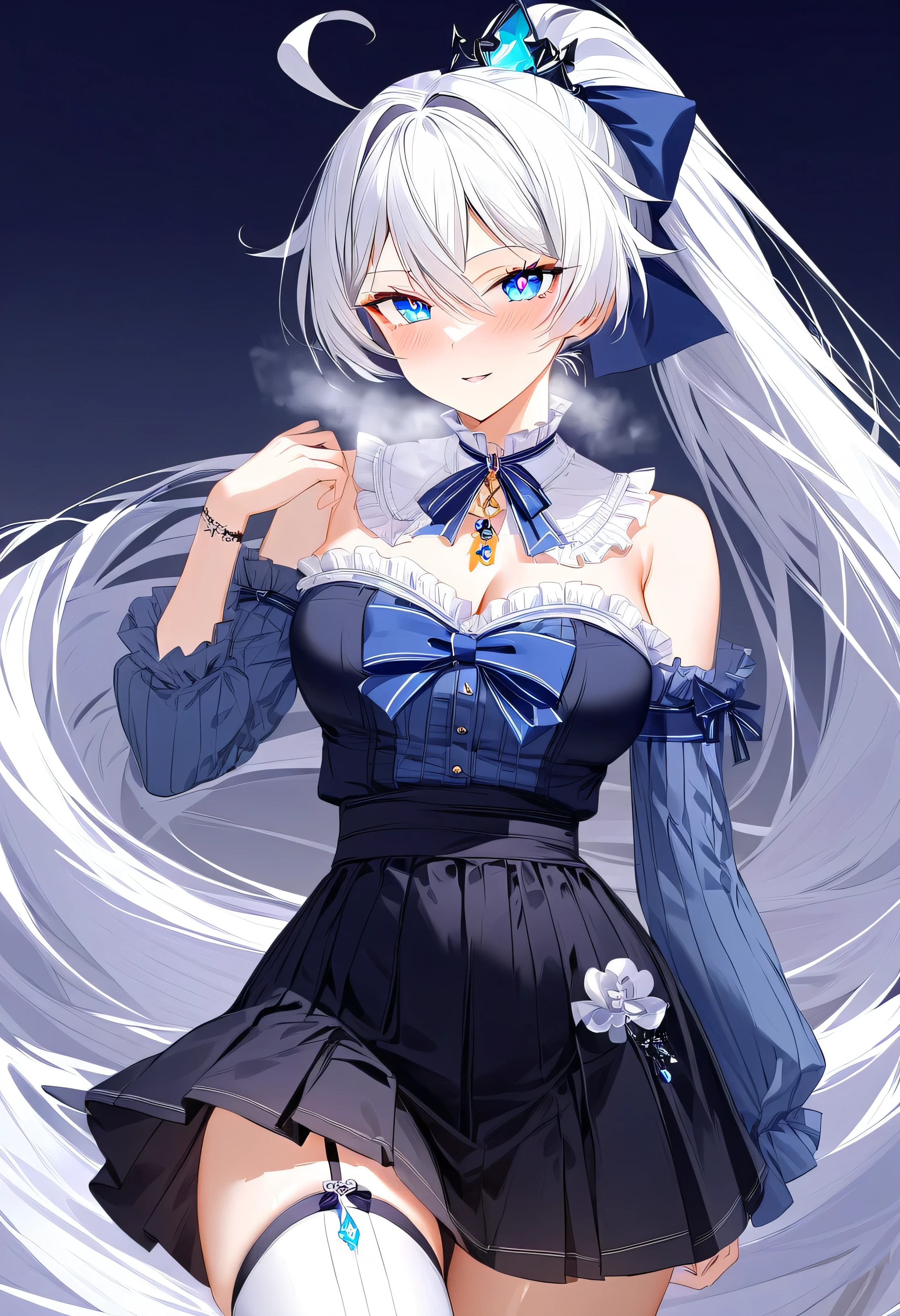 score_9, score_8_up, score_7_up, masterpiece, best quality, very aesthetic, absurdres, 1girl, adult grown woman, solo, kiana kaslana \(honkai impact 3rd\), herrscher of finality, white hair, ahoge, ponytail, very long hair, blue eyes, symbol-shaped pupils, glowing eyes, blush, seductive smile, heavy breathing, cute anime outfit, light blue ruffled blouse, navy blue ribbon bow with golden pendant, cold-shoulder sleeves, high-waisted pleated black skirt with white trim, asymmetrical white inner pleat, black thigh garter with blue crystal charm, striped blue and white thigh-high sock, black ankle boots with blue ribbon bows, detailed stitching, subtle fabric textures, matching navy hair ribbon, modern fantasy casual style