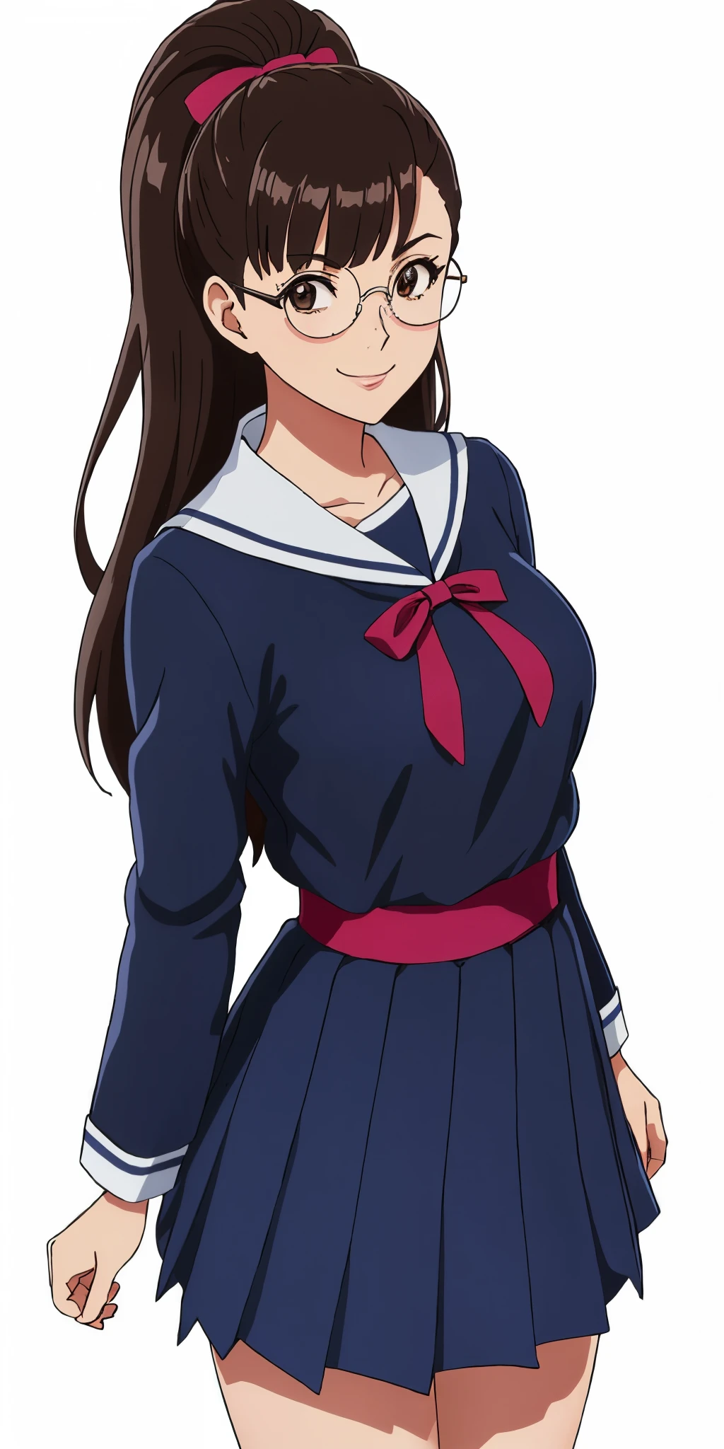 Young woman drawn in 80’s anime art style. 
Retro anime. Vintage Anime. Classical Anime. 
Black Dark Brown HAIR
Pompadour Hair
(Round Glasses)
(Round and Circle eyes)
(Light Brown eyes)
(Medium Sized Eyebrows)
(Freckles on Cheek)
(Light Tan Woman)
(Medium Breast)
Seductive Smile

She is wearing a sailor fuku (セーラー服, sērā fuku, sailor outfit) is a common japanese style of uniform worn by women, traditionally by high school female students. 

The uniform generally consists of a blouse attached with a (Navy blue sailor-style collar) and a Dark Navy Blue Sailor Blouse. The length of the long skirt goes down past her ankle.

A ribbon is tied in the front and laced through a loop attached to the sailor blouse. The color is the ribbon is red.

(Dark Navy Blue Sailor Shirt)
(Dark Navy Pleated Skirt)

(Solo)
(High School)