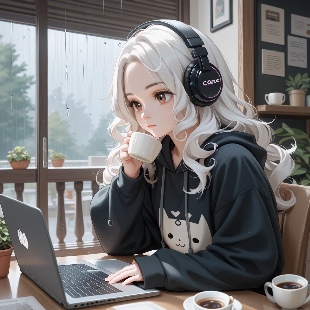 The most beautiful girl ever、 chibi, Cafe、 headphones、rain、white hair, Long Hair, High Resolution, High Resolution, High Details, brown eyes, curly hair, coffee, oversized hoodie, laptop, 