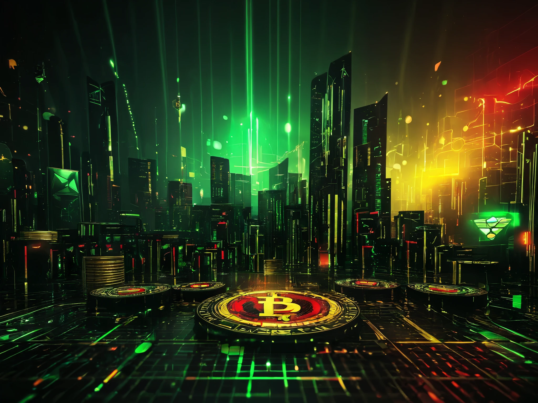 3d wallpaper, cryptocurrency theme, predominant colors black and gold, technology elements with green and red lights, economic graphics,