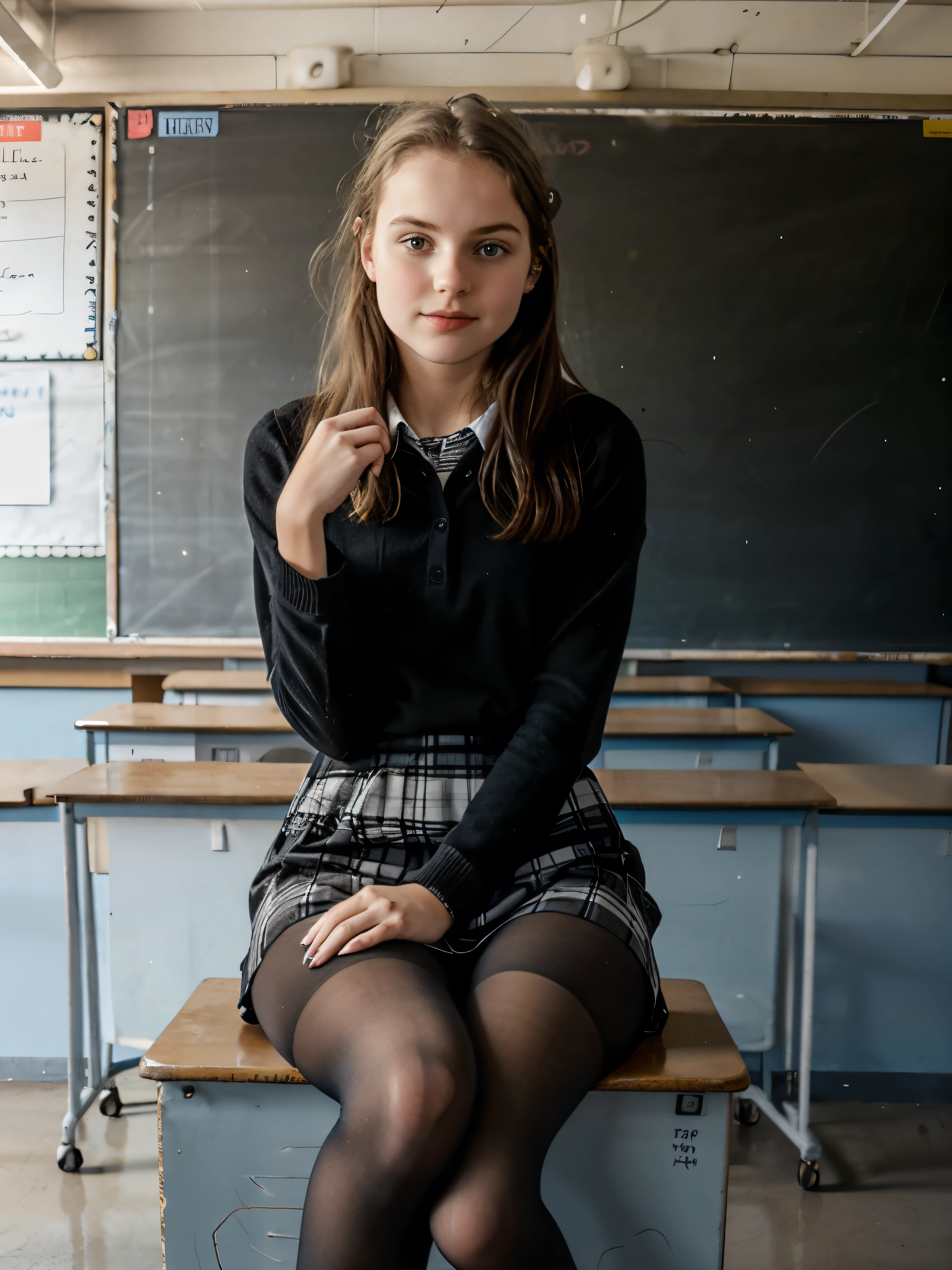 A girl is sitting at the blackboard in class writing on the blackboard. She is wearing ., mature, 18 years old, tights and her photo was taken by someone , sitting at a desk .