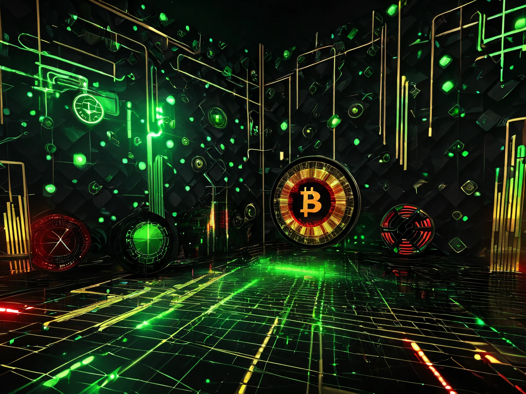 3d wallpaper, cryptocurrency theme, predominant colors black and gold, technology elements with green and red lights, economic graphics,