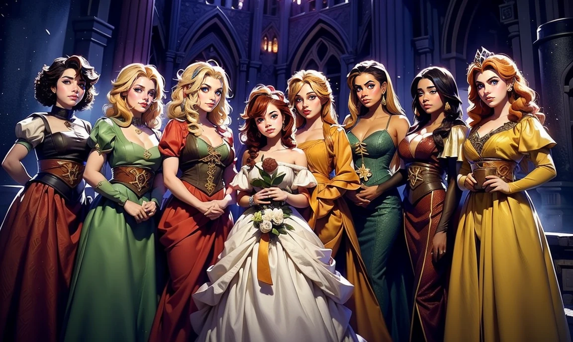 fantasy setting. close up. standing bunched in together. ((2 unique lovely princesses:1.5)), unique personalities, ((each with a unique expression on face:1.5)), (((each with a unique natural hair colored:1.5))), ((red hair)), ((blond hair)), ((black hair)), (((each with unique natural eye color:1.5))), wearing elaborate tasteful flowing floral gowns, ((looking straight at the camera:1.5)), pretty castle ruins background.
