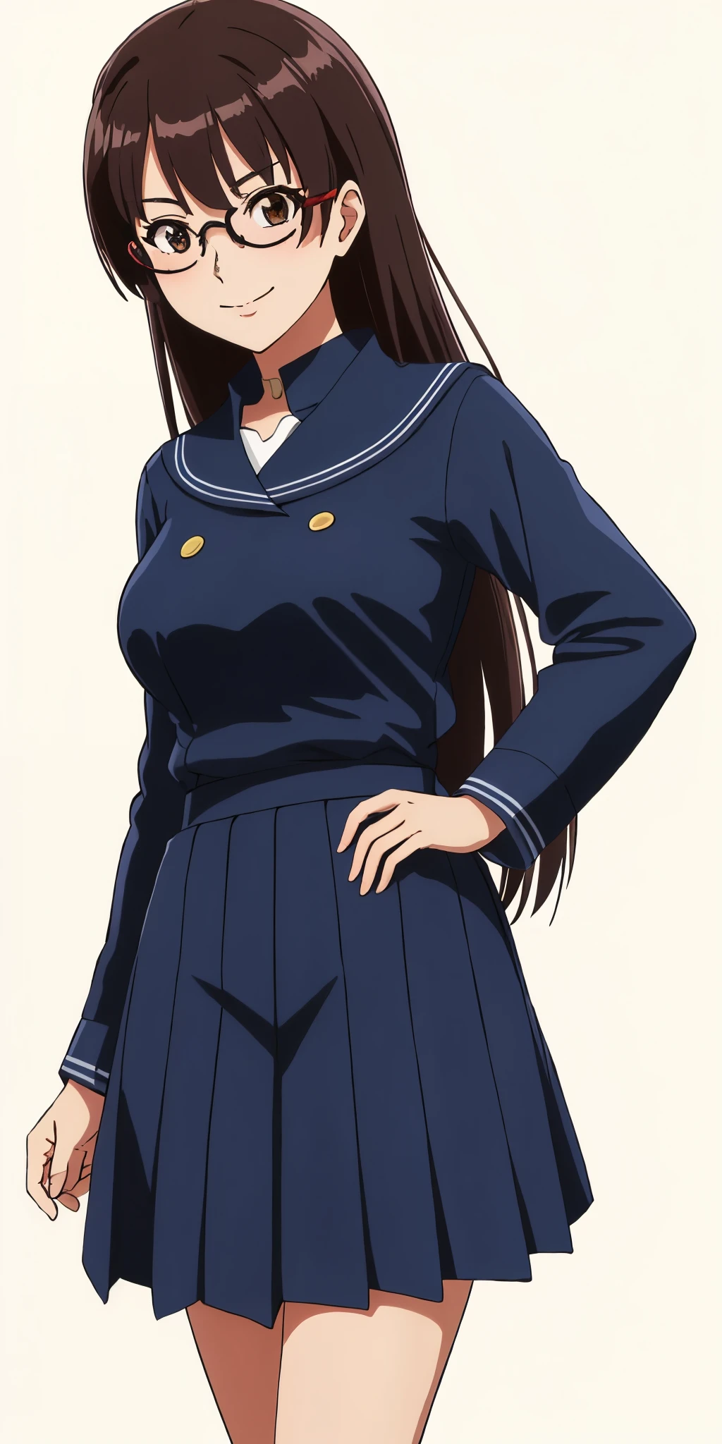 Young woman drawn in 80’s anime art style. 
Retro anime. Vintage Anime. Classical Anime. 
Black Dark Brown HAIR
Pompadour Hair
(Round Glasses)
(Round and Circle eyes)
(Light Brown eyes)
(Medium Sized Eyebrows)
(Freckles on Cheek)
(Light Tan Woman)
(Medium Breast)
Seductive Smile

She is wearing a sailor fuku (セーラー服, sērā fuku, sailor outfit) is a common japanese style of uniform worn by women, traditionally by high school female students. 

The uniform generally consists of a blouse attached with a (Navy blue sailor-style collar) and a Dark Navy Blue Sailor Blouse. The length of the long skirt goes down past her ankle.

A ribbon is tied in the front and laced through a loop attached to the sailor blouse. The color is the ribbon is red.

(Dark Navy Blue Sailor Shirt)
(Dark Navy Pleated Skirt)

(Solo)
(High School)