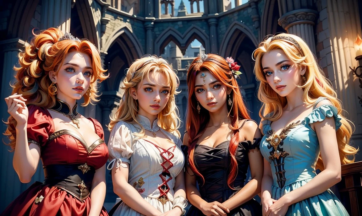 fantasy setting. close up. standing bunched in together. ((2 unique lovely princesses:1.5)), unique personalities, ((each with a unique expression on face:1.5)), (((each with a unique natural hair colored:1.5))), ((red hair)), ((blond hair)), ((black hair)), (((each with unique natural eye color:1.5))), wearing elaborate tasteful flowing floral gowns, ((looking straight at the camera:1.5)), pretty castle ruins background.
